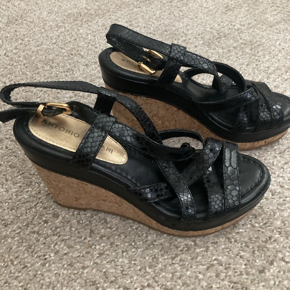 Antonio Melani Cork Wedge Sandals 5 Black Ankle Strap Peep Toe Snake Skin